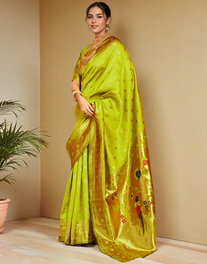 Lime Green Color Silk Weaving Work Paithani Saree