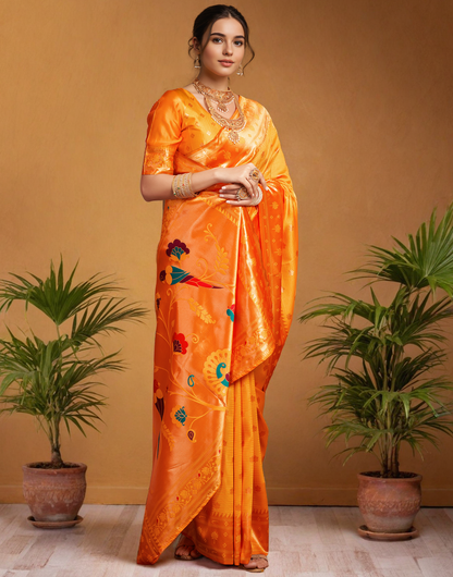Orange Color Silk Weaving Work Paithani Saree