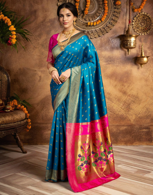 New Aqua Color Silk Weaving Work Paithani Saree