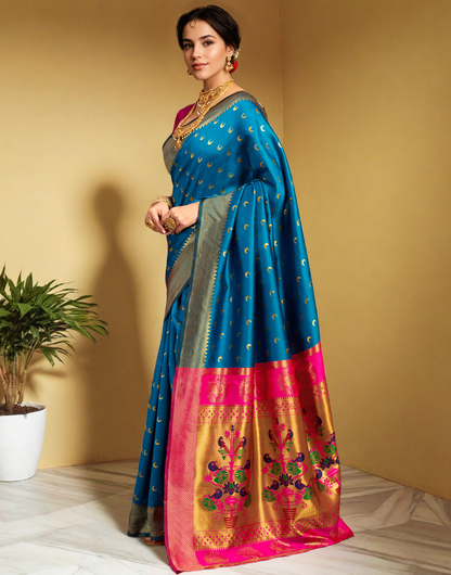 New Aqua Color Silk Weaving Work Paithani Saree