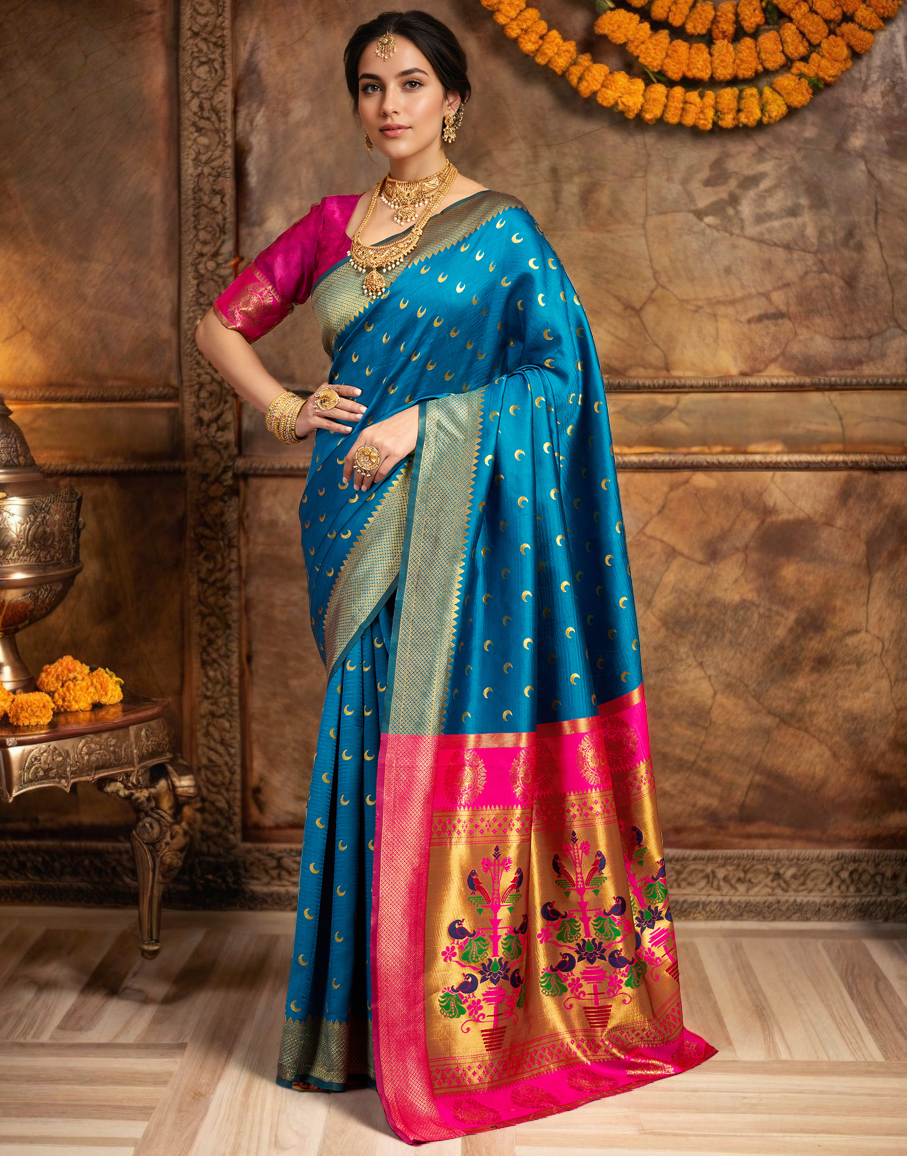 New Aqua Color Silk Weaving Work Paithani Saree