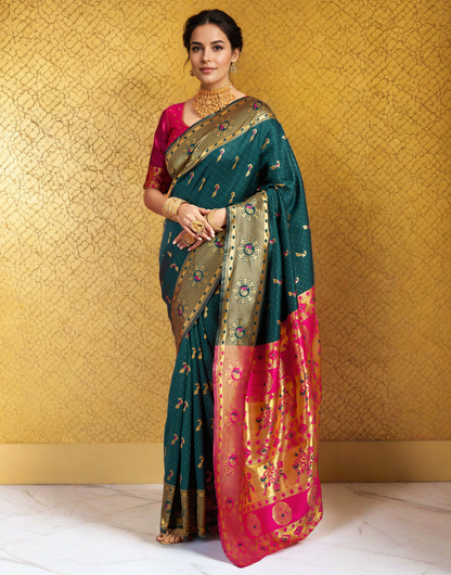 Beatiful Dark Green Color Silk Weaving Work Paithani Saree