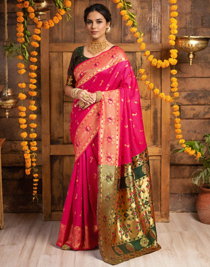 Beatiful Pink Color Silk Weaving Work Paithani Saree