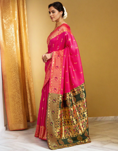 Beatiful Pink Color Silk Weaving Work Paithani Saree