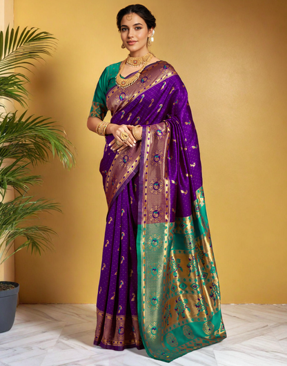 Beatiful Purple Color Silk Weaving Work Paithani Saree