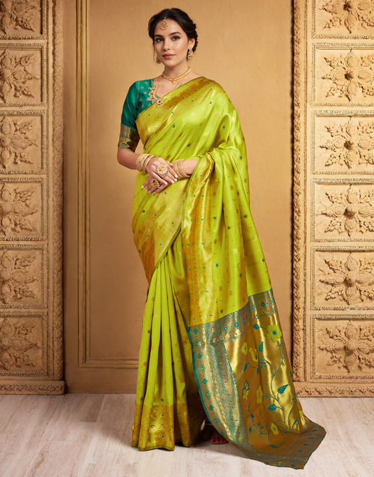 Lime Green Color Silk Weaving Work Paithani Traditional Saree