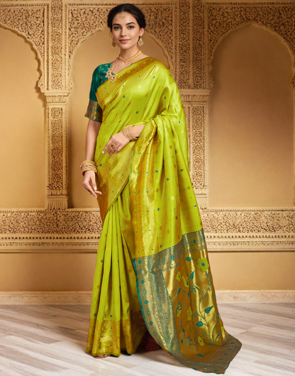 Lime Green Color Silk Weaving Work Paithani Traditional Saree