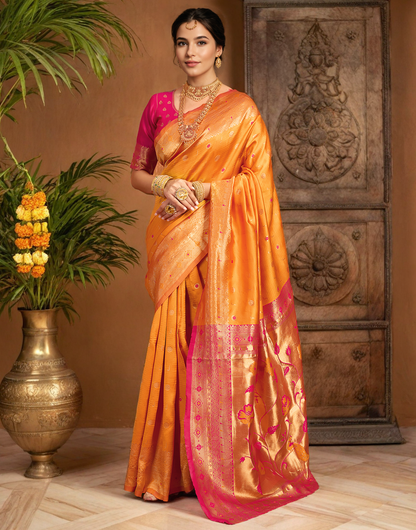 Orange Color Silk Weaving Work Paithani Traditional Saree