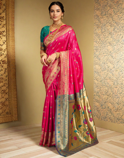 Pink Color Silk Weaving Work Paithani Traditional Saree