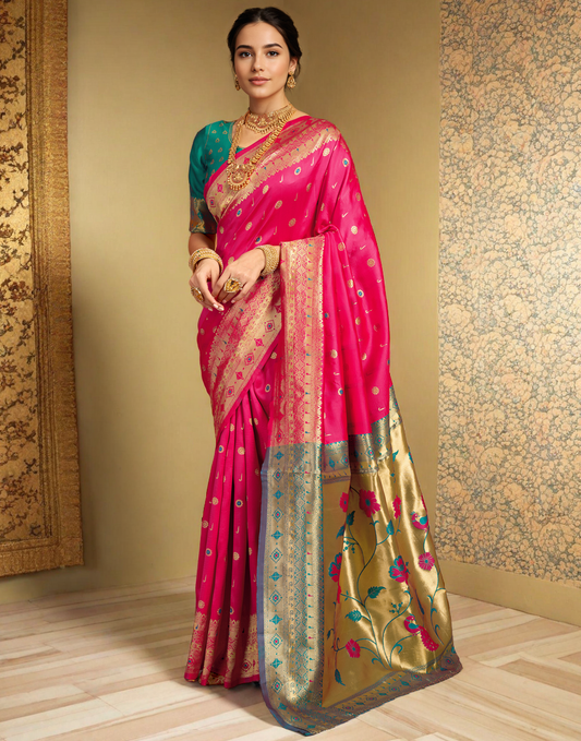 Pink Color Silk Weaving Work Paithani Traditional Saree