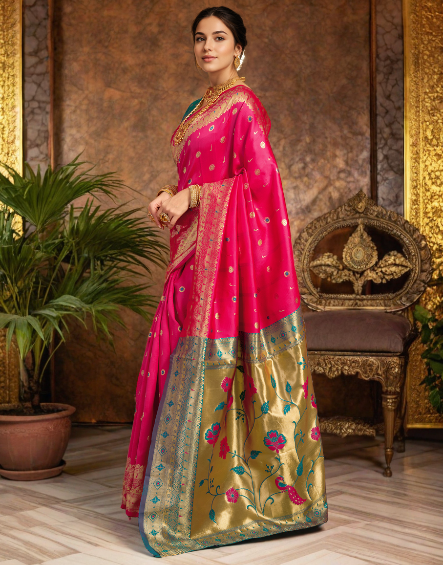 Pink Color Silk Weaving Work Paithani Traditional Saree
