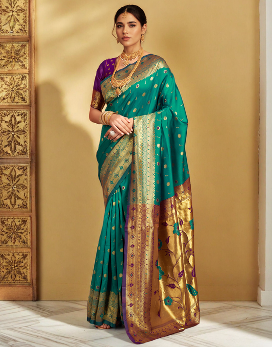 Rama Color Silk Weaving Work Paithani Traditional Saree