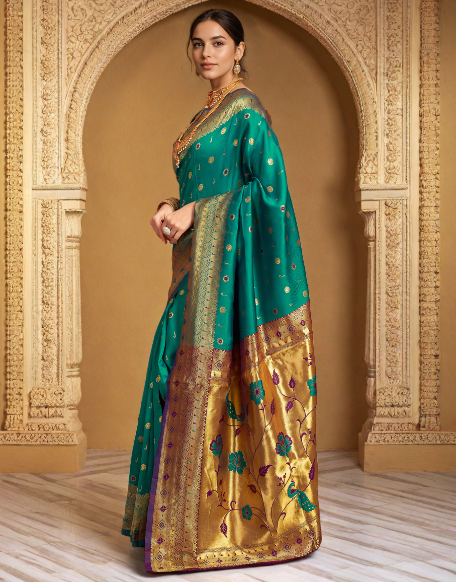 Rama Color Silk Weaving Work Paithani Traditional Saree