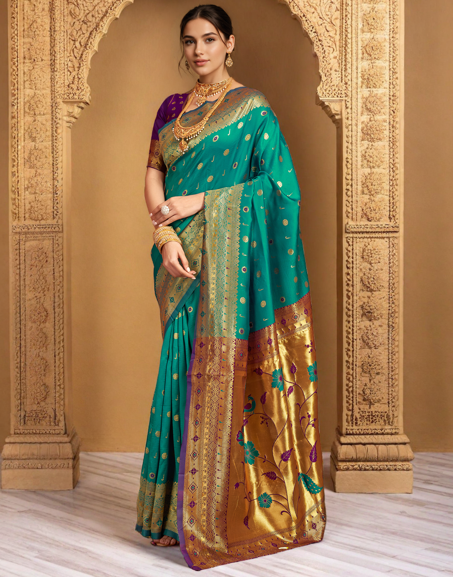 Rama Color Silk Weaving Work Paithani Traditional Saree