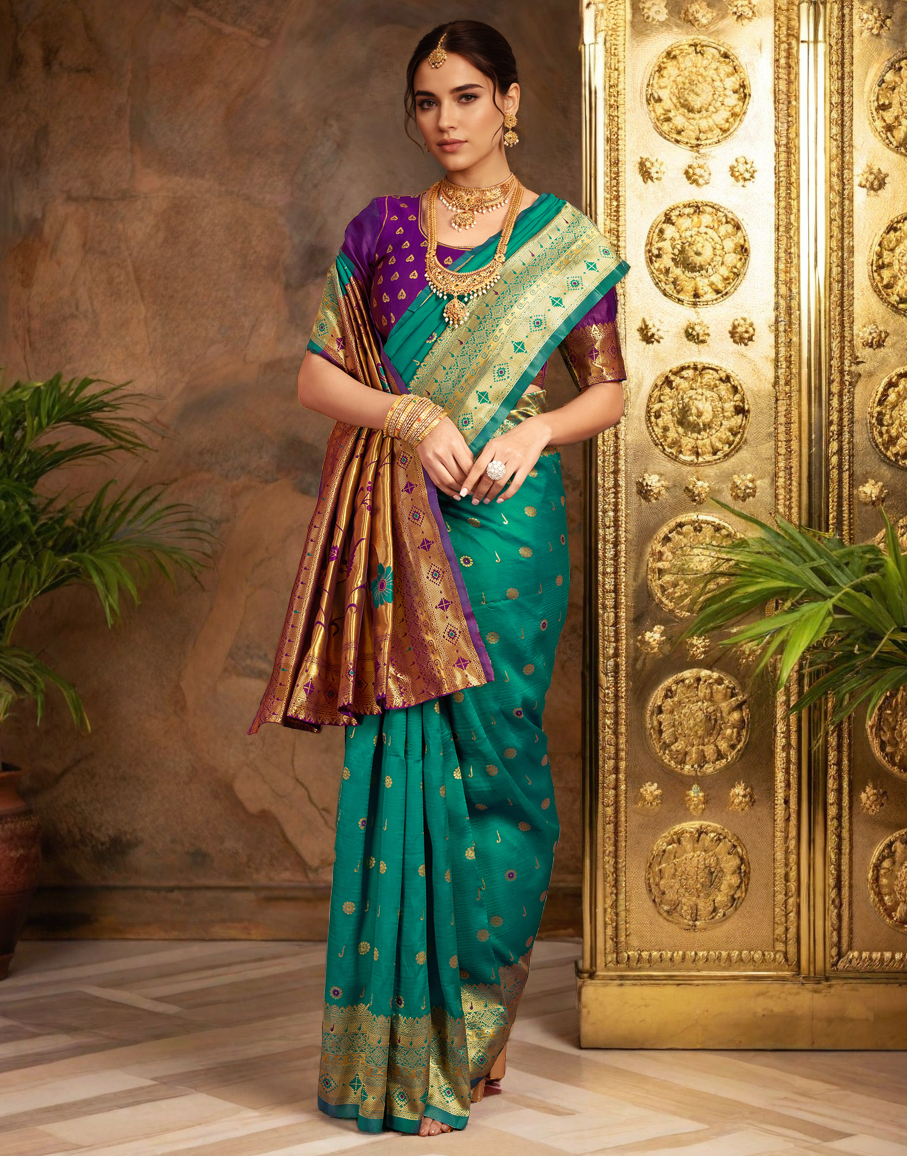 Rama Color Silk Weaving Work Paithani Traditional Saree