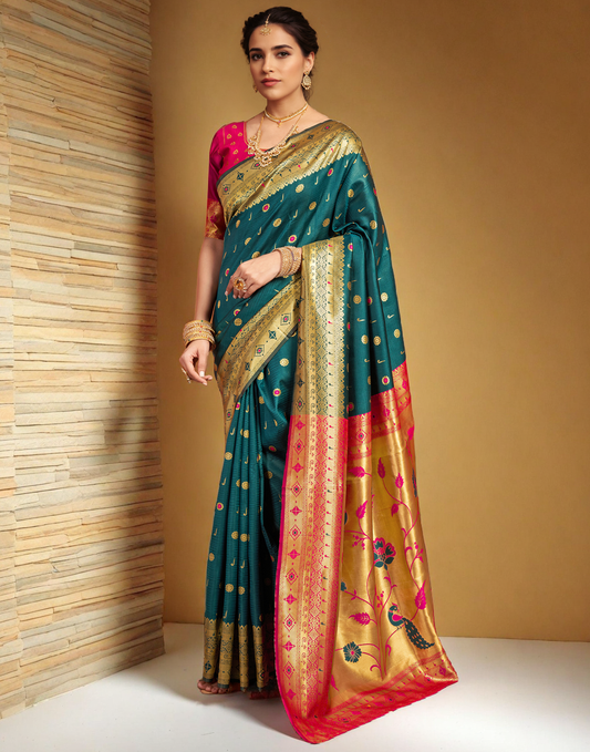 Teal Color Silk Weaving Work Paithani Traditional Saree