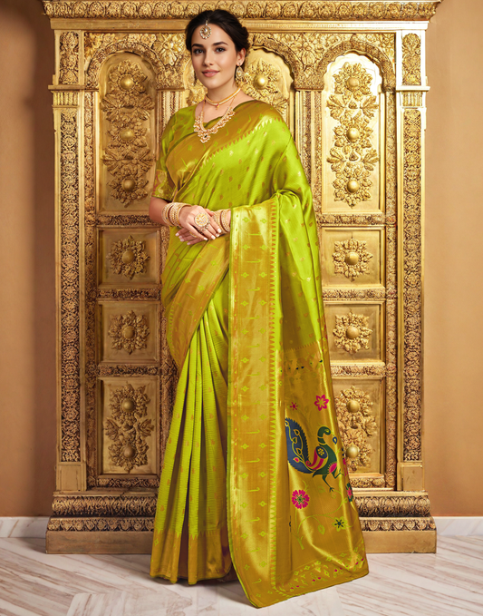 Silk Paithani Traditional Saree with Intricate Weaving Work (Lime Green)