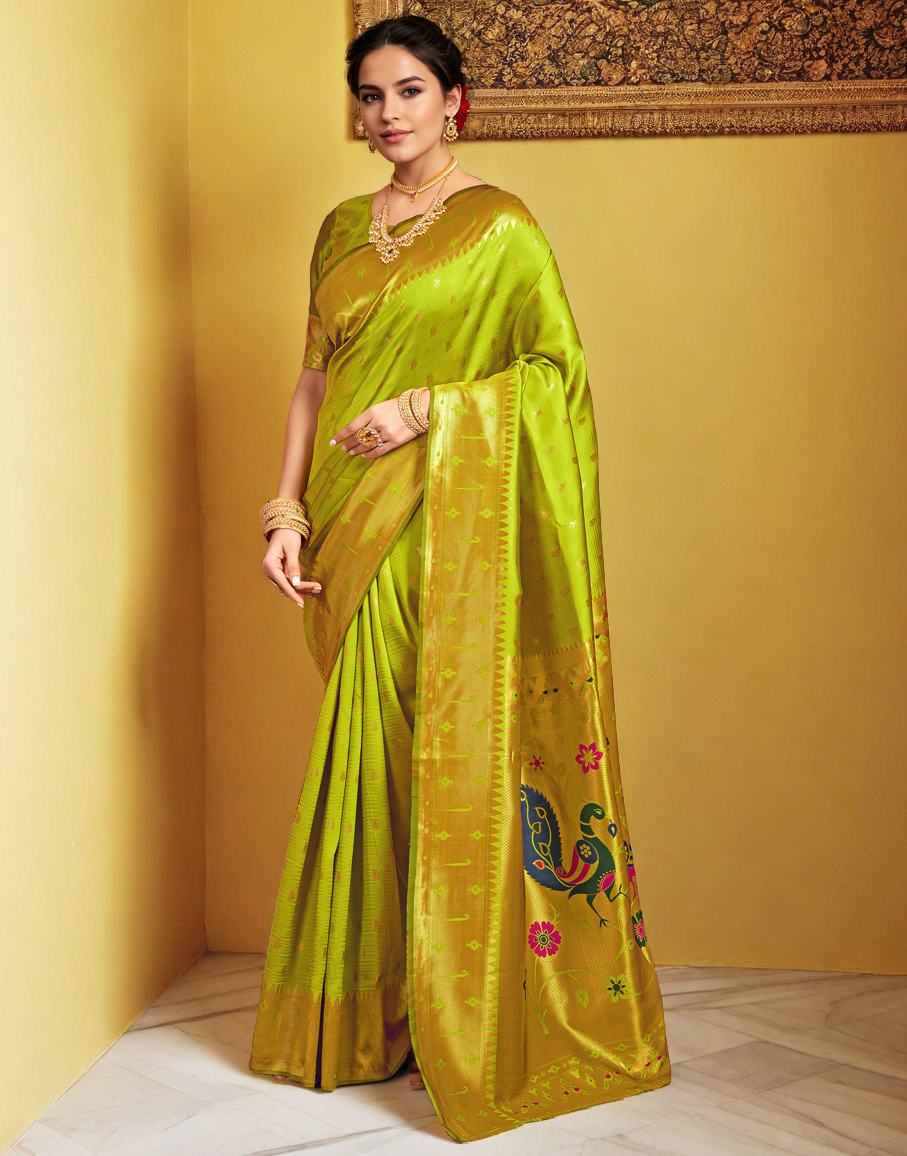 Silk Paithani Traditional Saree with Intricate Weaving Work (Lime Green)