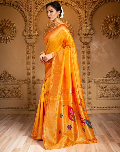 Silk Paithani Traditional Saree with Intricate Weaving Work (Orange)