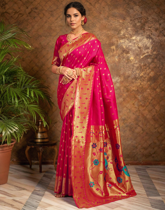 Silk Paithani Traditional Saree with Intricate Weaving Work (Pink)