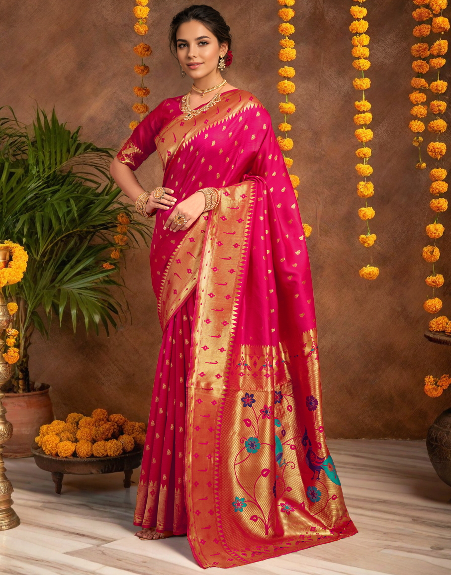 Silk Paithani Traditional Saree with Intricate Weaving Work (Pink)