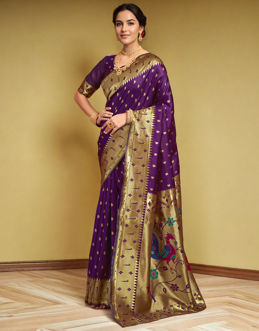 Silk Paithani Traditional Saree with Intricate Weaving Work (Purple)
