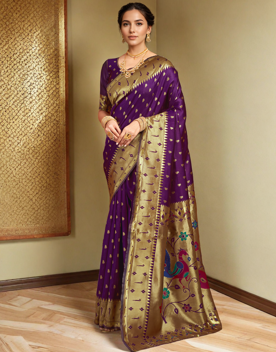Silk Paithani Traditional Saree with Intricate Weaving Work (Purple)