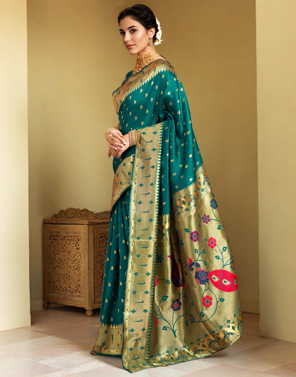 Silk Paithani Traditional Saree with Intricate Weaving Work (Rama)