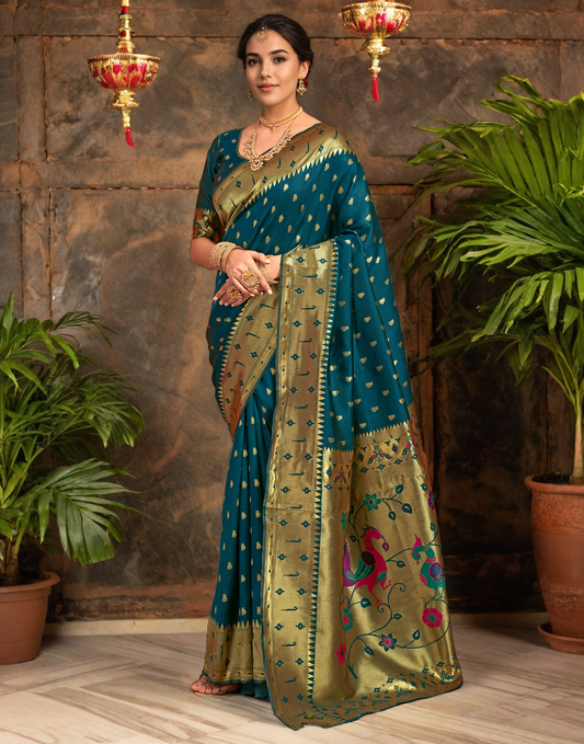 Silk Paithani Traditional Saree with Intricate Weaving Work (Teal)