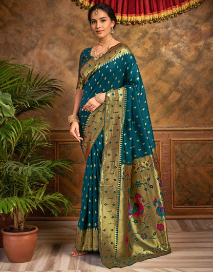 Silk Paithani Traditional Saree with Intricate Weaving Work (Teal)