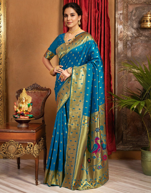 Silk Paithani Traditional Saree with Intricate Weaving Work (Turquoise)