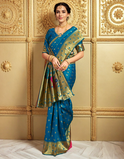Silk Paithani Traditional Saree with Intricate Weaving Work (Turquoise)