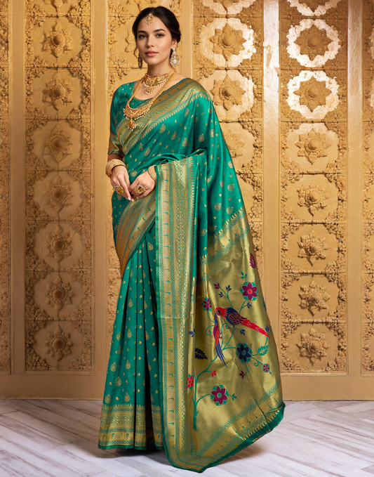 Green Color Silk Weaving Paithani Work Designer Saree