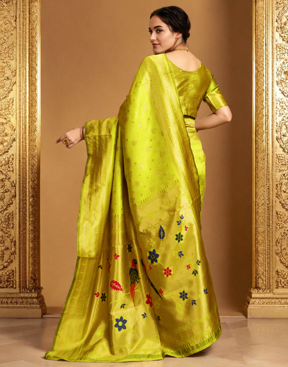 Lime Green Color Silk Weaving Paithani Work Designer Saree
