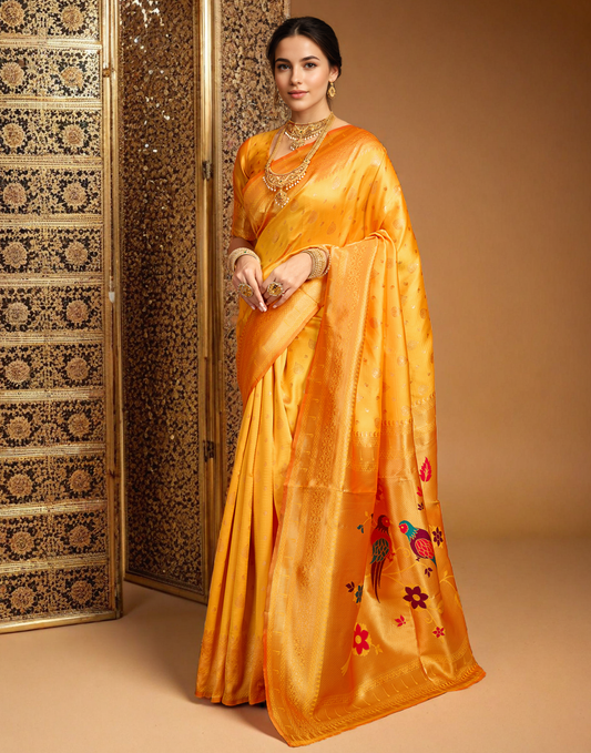 Musturd Color Silk Weaving Paithani Work Designer Saree
