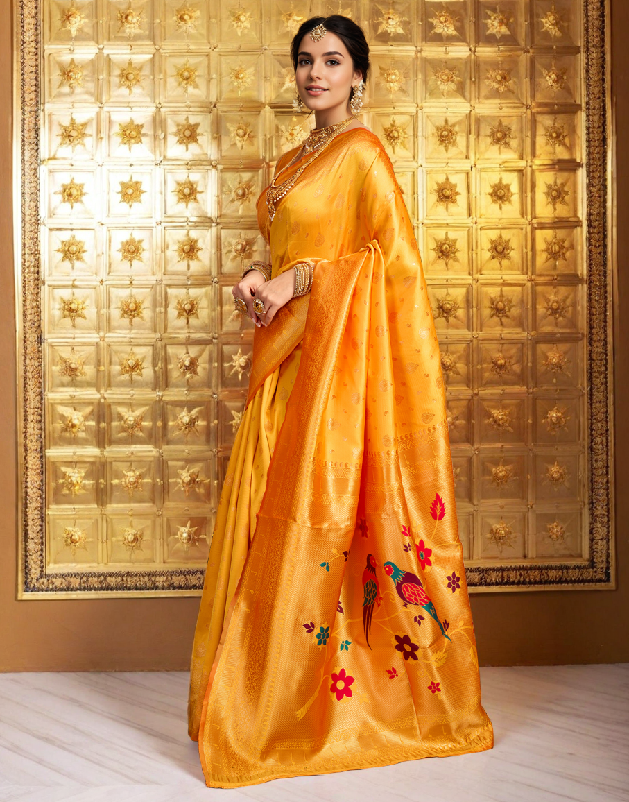 Musturd Color Silk Weaving Paithani Work Designer Saree