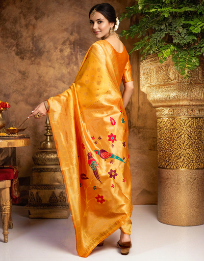 Musturd Color Silk Weaving Paithani Work Designer Saree