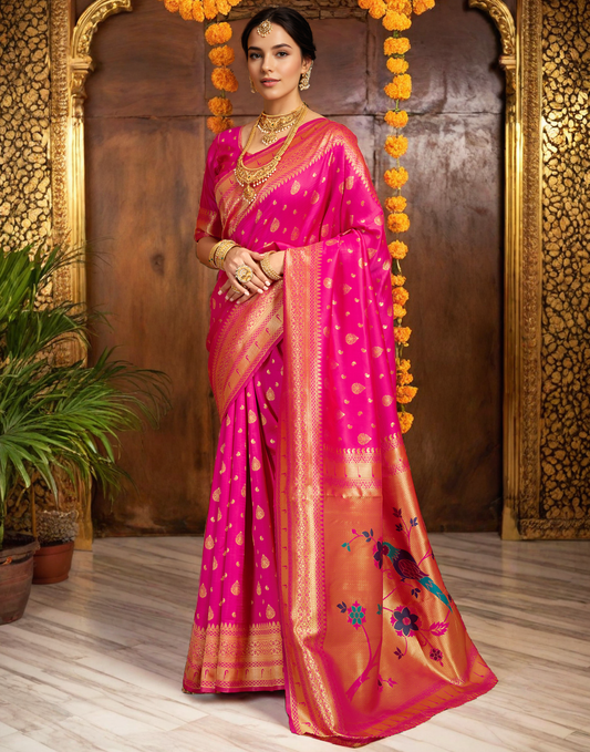 Pink Color Silk Weaving Paithani Work Designer Saree