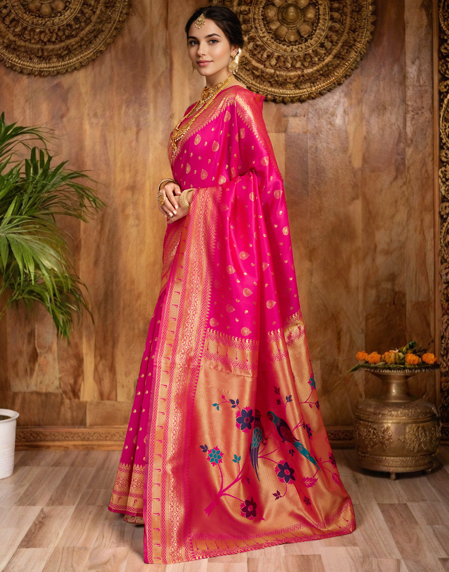 Pink Color Silk Weaving Paithani Work Designer Saree
