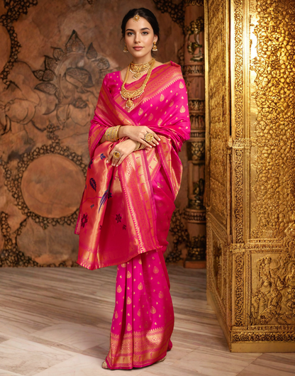 Pink Color Silk Weaving Paithani Work Designer Saree
