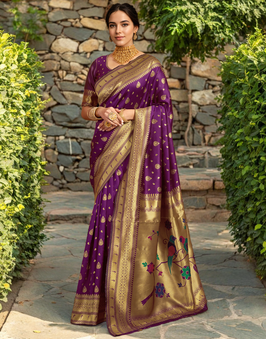 Purple Color Silk Weaving Paithani Work Designer Saree
