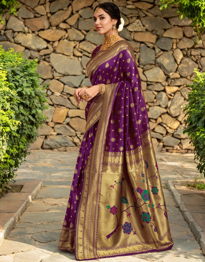 Purple Color Silk Weaving Paithani Work Designer Saree