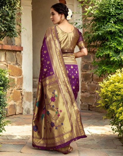 Purple Color Silk Weaving Paithani Work Designer Saree