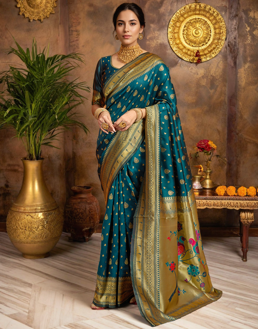 Teal Color Silk Weaving Paithani Work Designer Saree