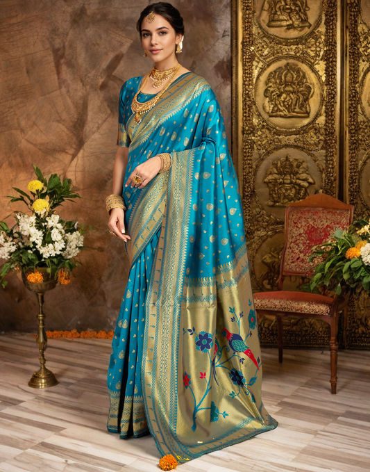 Turquoise Color Silk Weaving Paithani Work Designer Saree