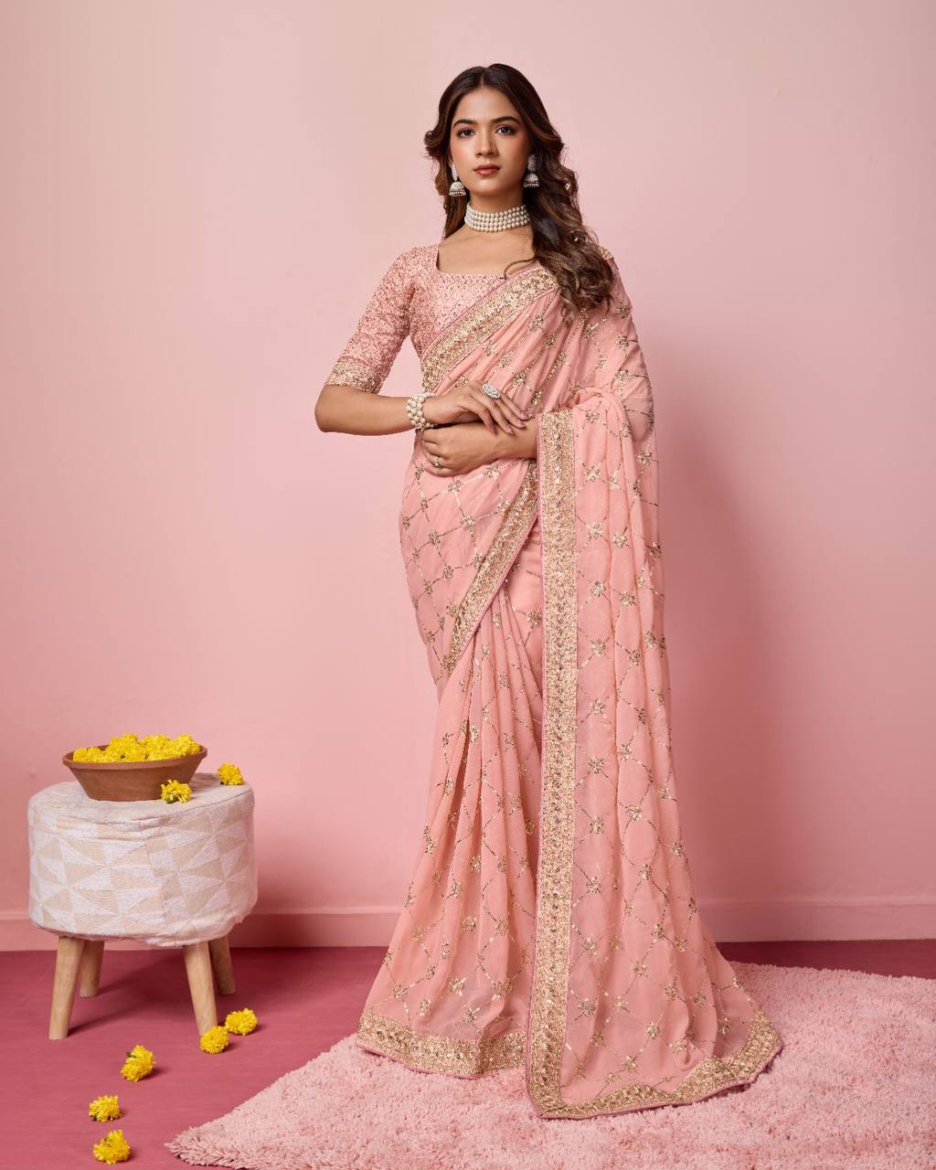 Peach Color Georgette party Wear Saree