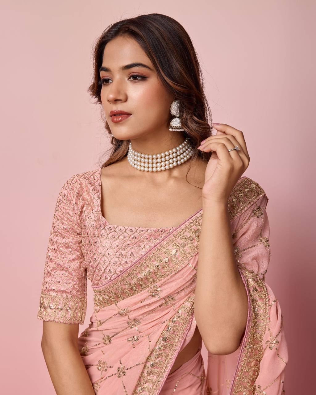 Peach Color Georgette party Wear Saree