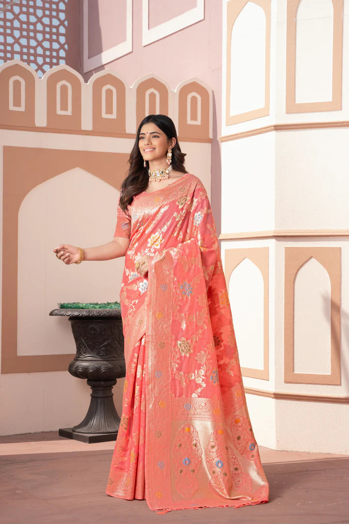 Peach Cotton Silk Saree – Banarasi Heritage