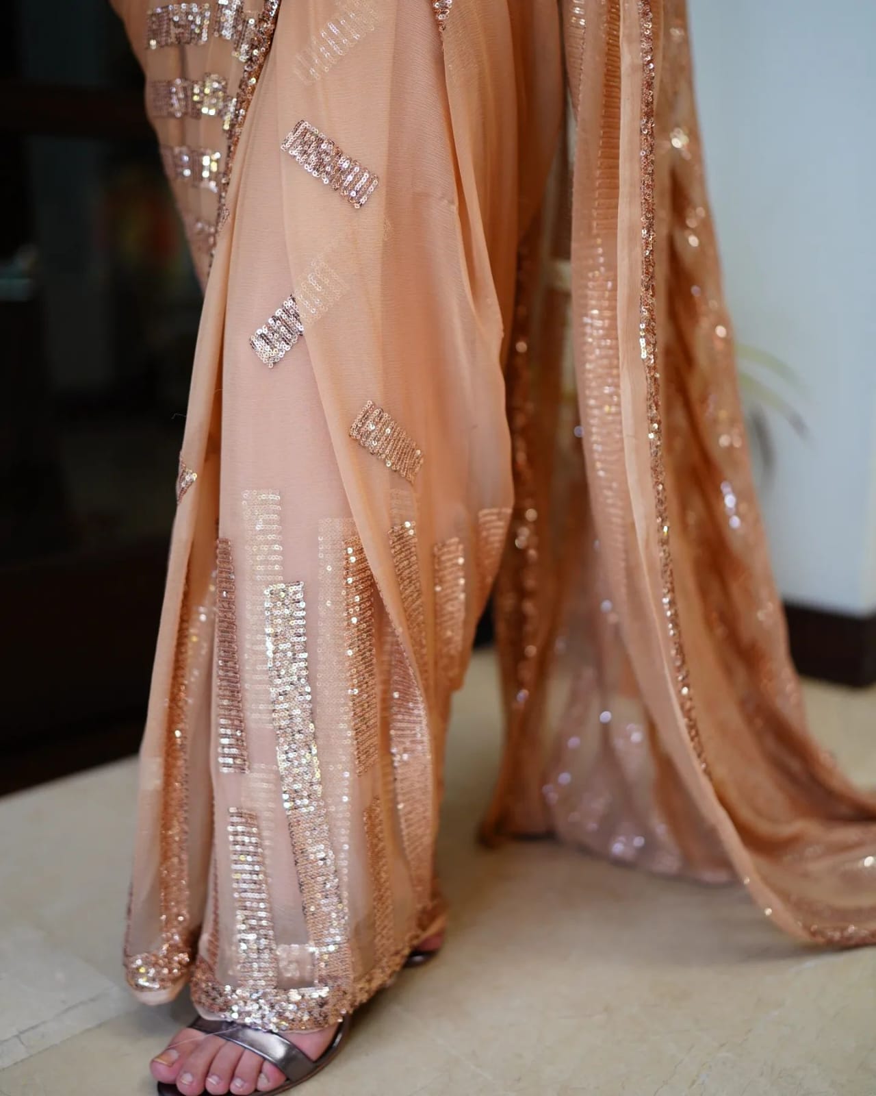 Peach Color Embroidery Sequence work Saree