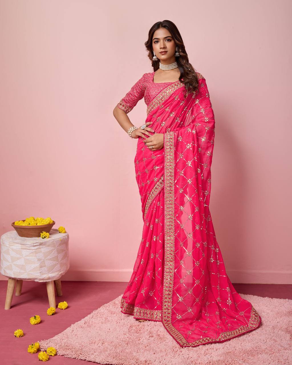 Pink Color Georgette party Wear Saree